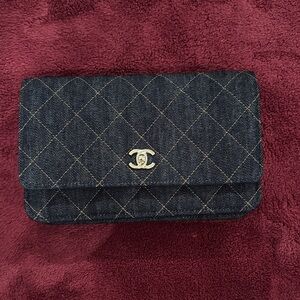 CHANEL Dark Denim Quilted Wallet on Chain with Silver CC
